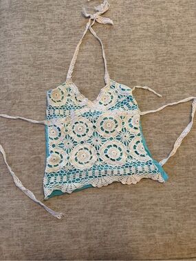 White Crochet Halter Camisole with Turquoise Lining